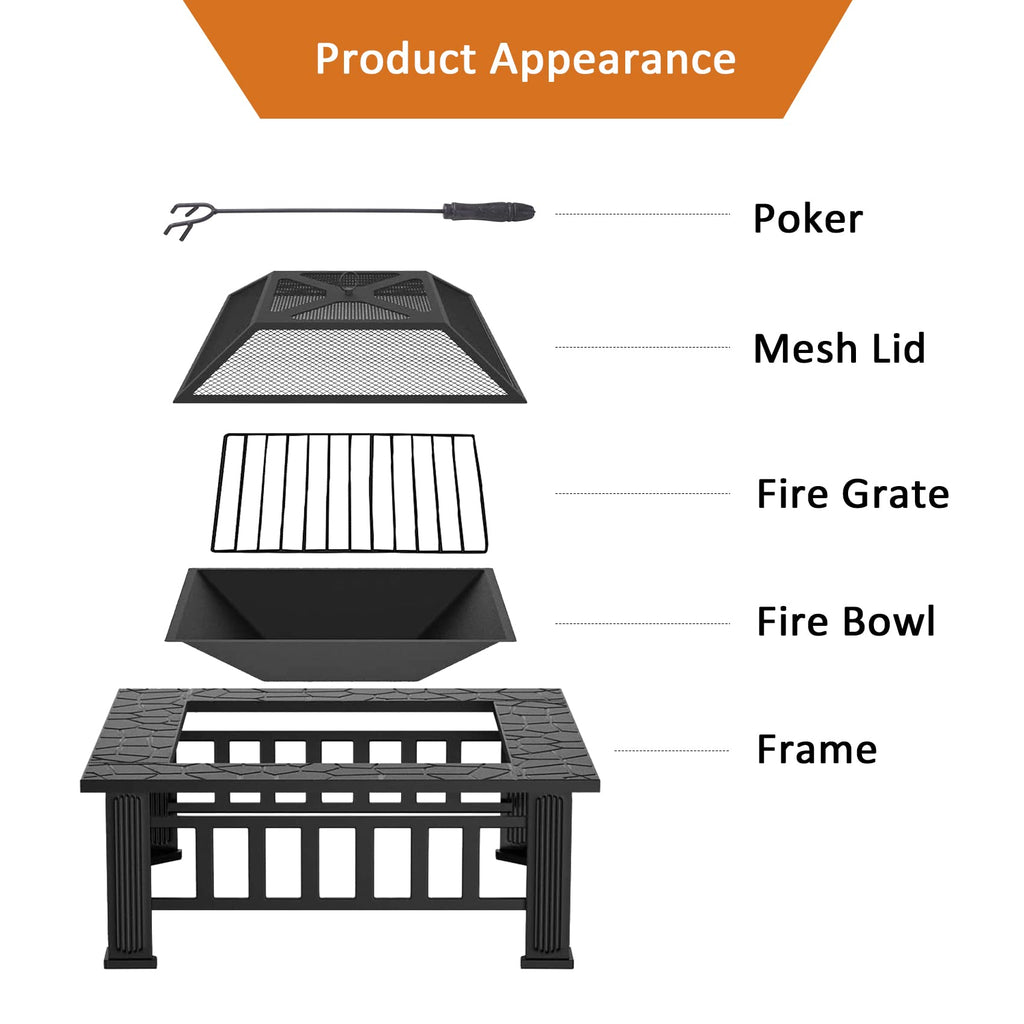 32 Inch Metal Square Outdoor Wood Burning Fire Pit Table S884422