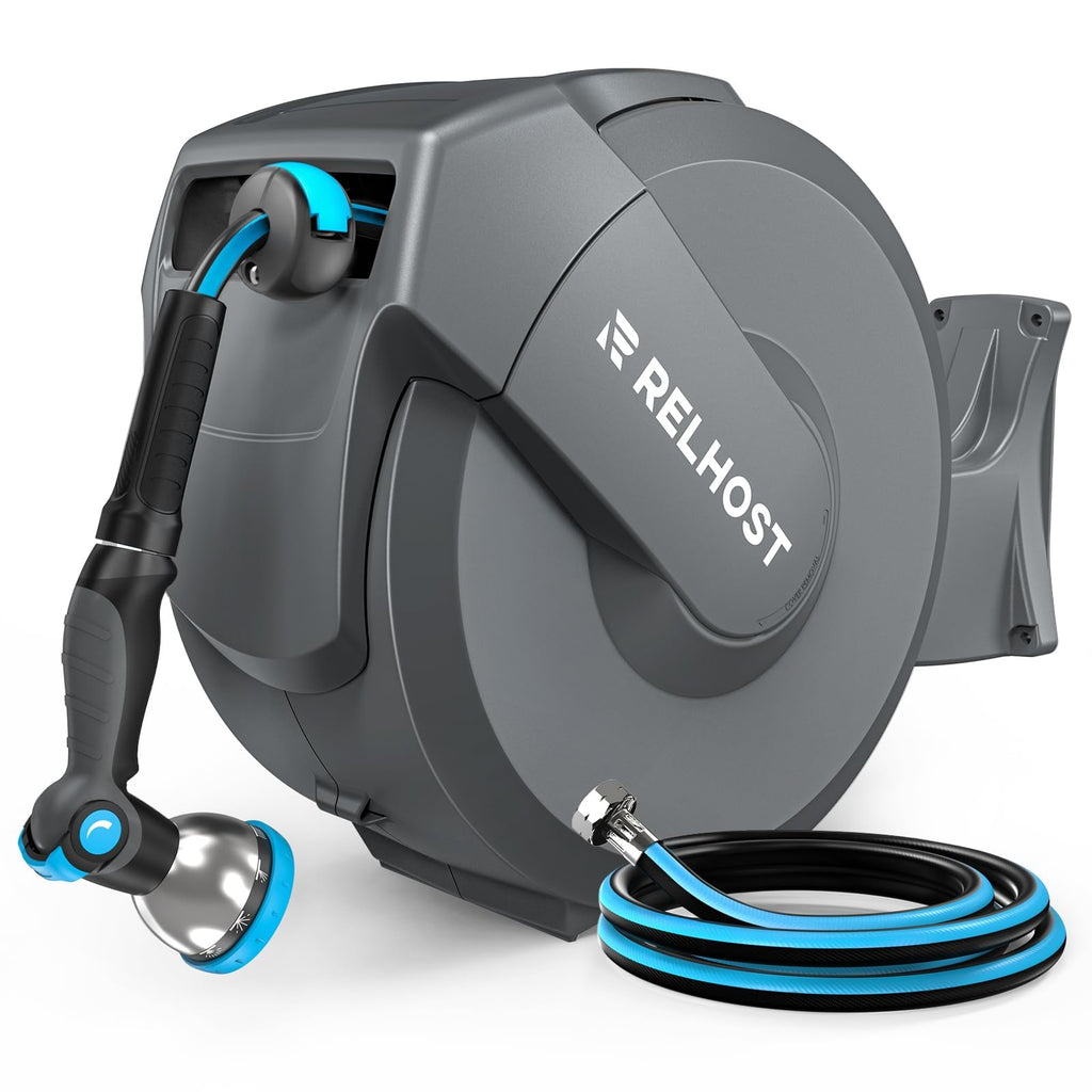Retractable Garden Hose Reel, 5/8 in x 100 ft Wall Mount Heavy Duty with 10-Pattern Nozzle, Dark Grey T247878