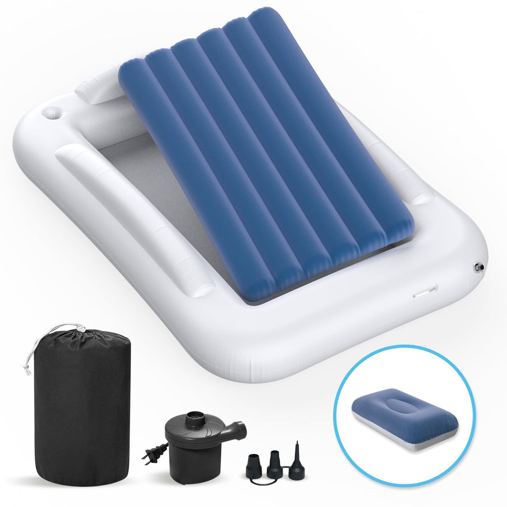 Inflatable Toddler Travel Bed 60 Inches Portable with Safety Sides Air Mattress Set Built-in Electric Pump Carry Case Sea Blue G37598