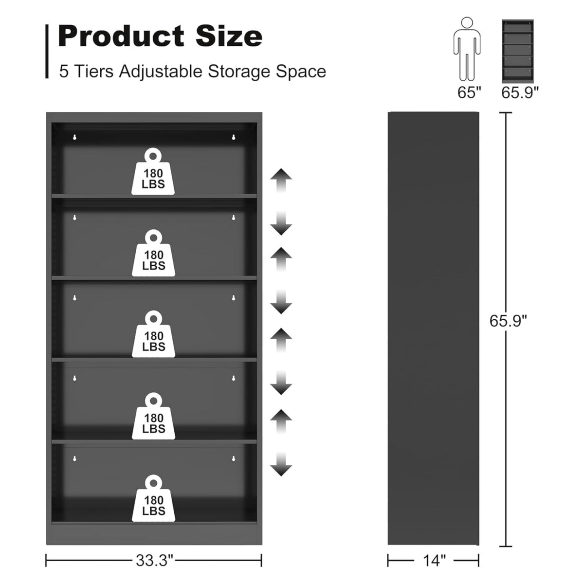 Black 5-Tier Adjustable Metal Bookshelf F635776