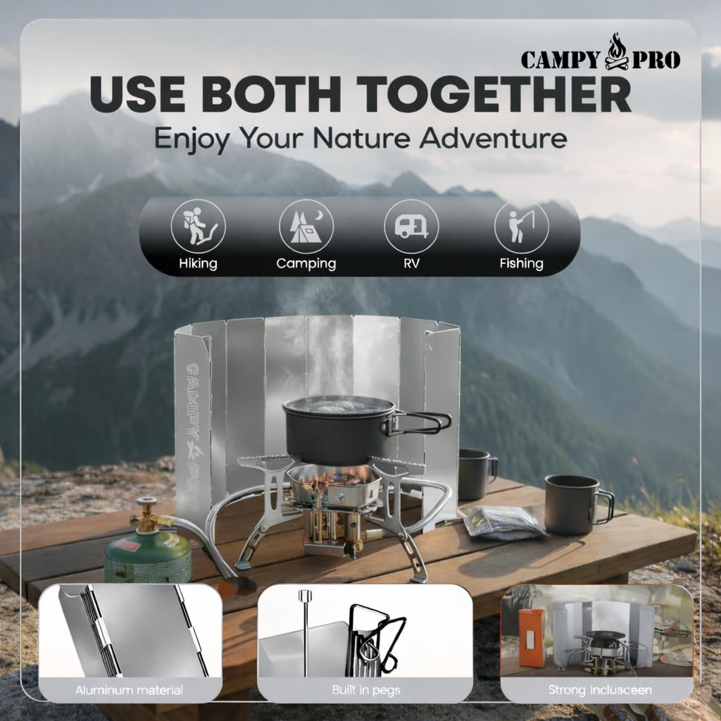 6800 W Portable Gas Stove with Windscreen, Piezo Ignition, Butane Adapters B4333