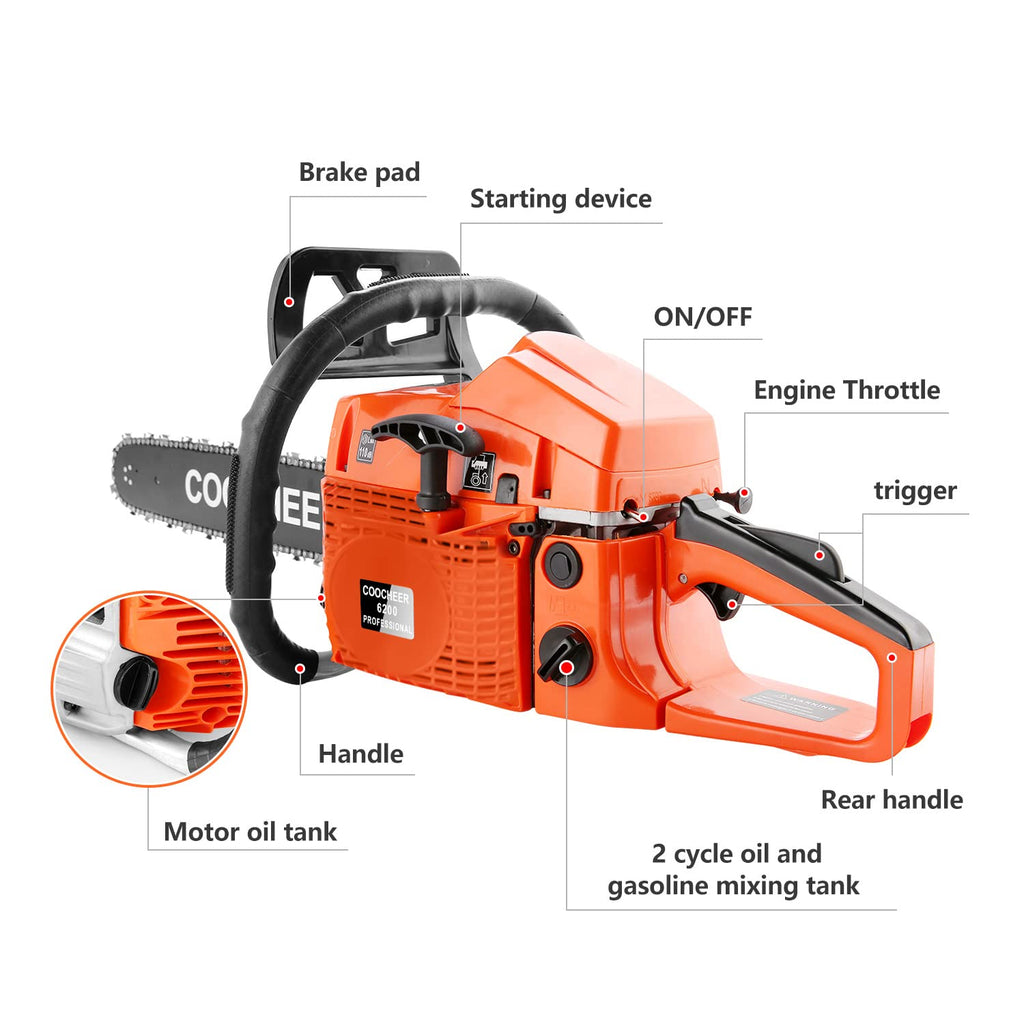 62CC 20 Inch 2-Cycle Gas Chainsaw with Carrying Bag T575