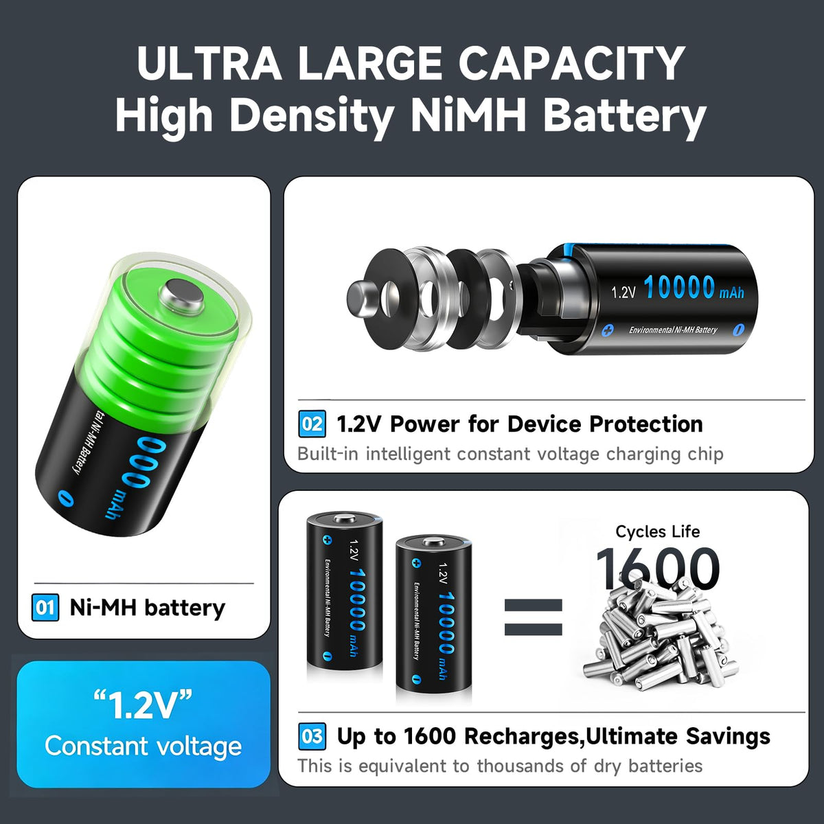 4 Pack Rechargeable D Batteries 10000mAh H916306