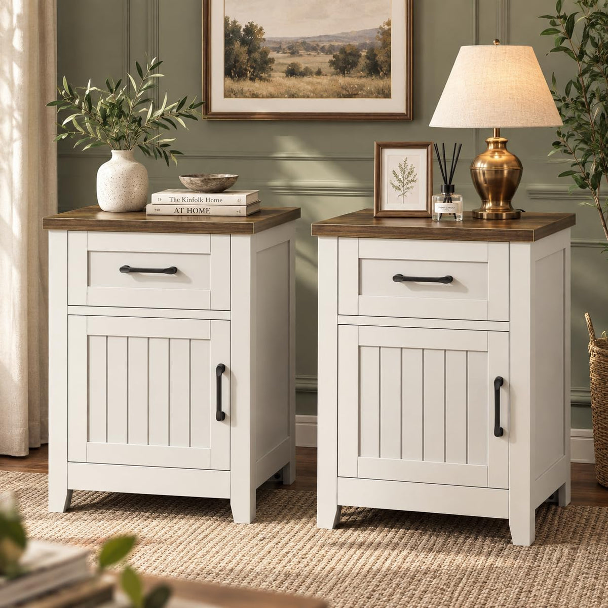 Set of 2 White Walnut Nightstand with Charging Station K226132