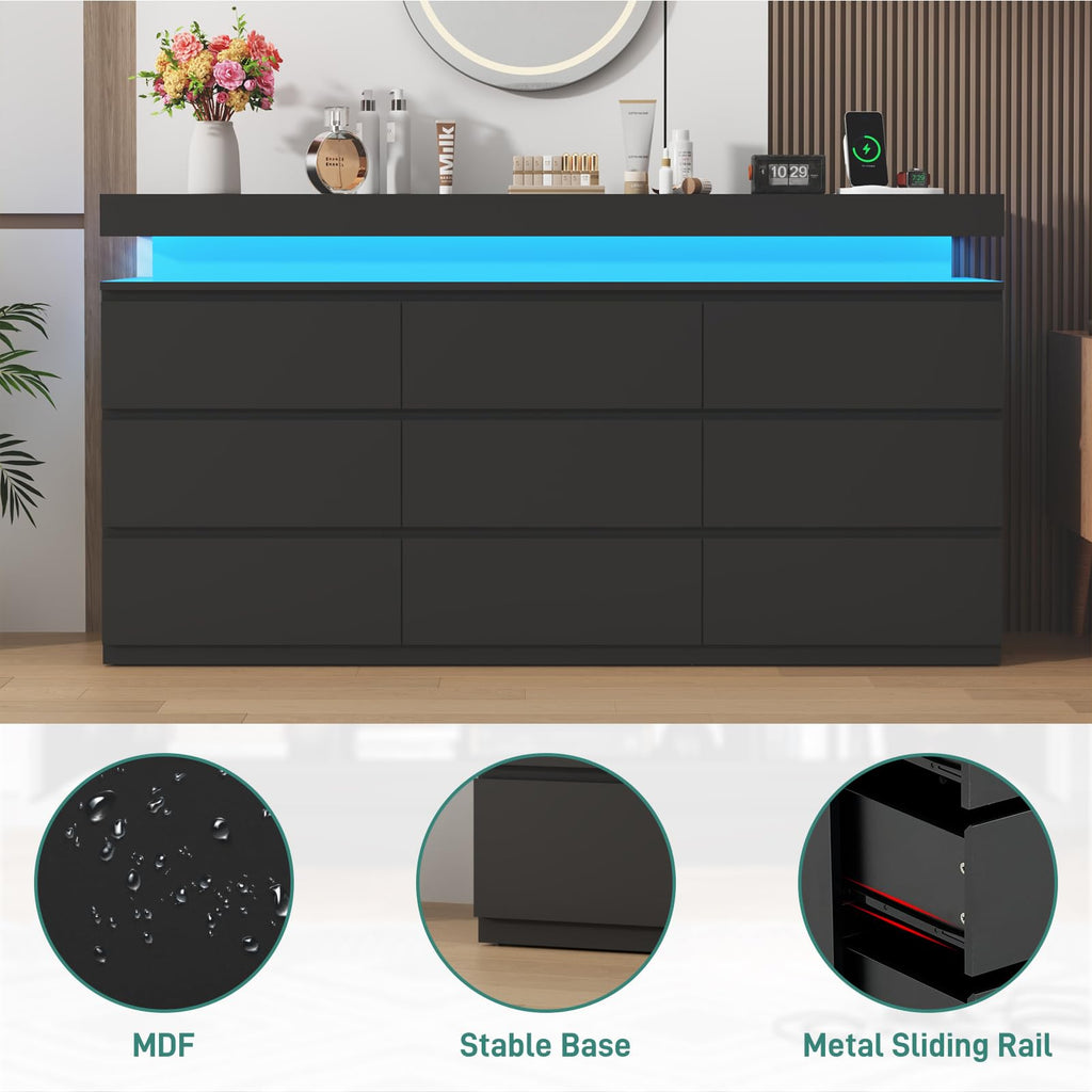 Black 9 Drawer Dresser with Power Outlet D8439