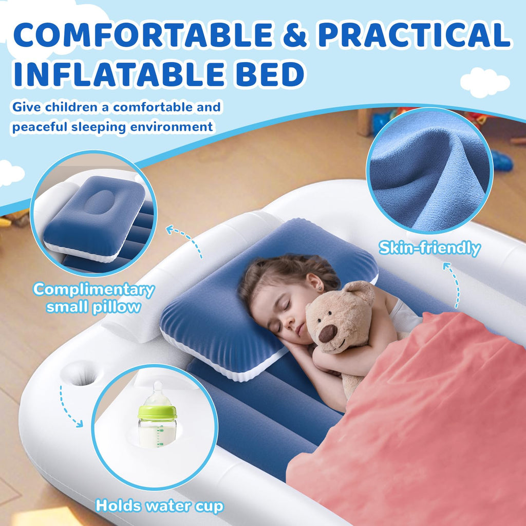 Inflatable Toddler Travel Bed 60 Inches Portable with Safety Sides Air Mattress Set Built-in Electric Pump Carry Case Sea Blue G37598