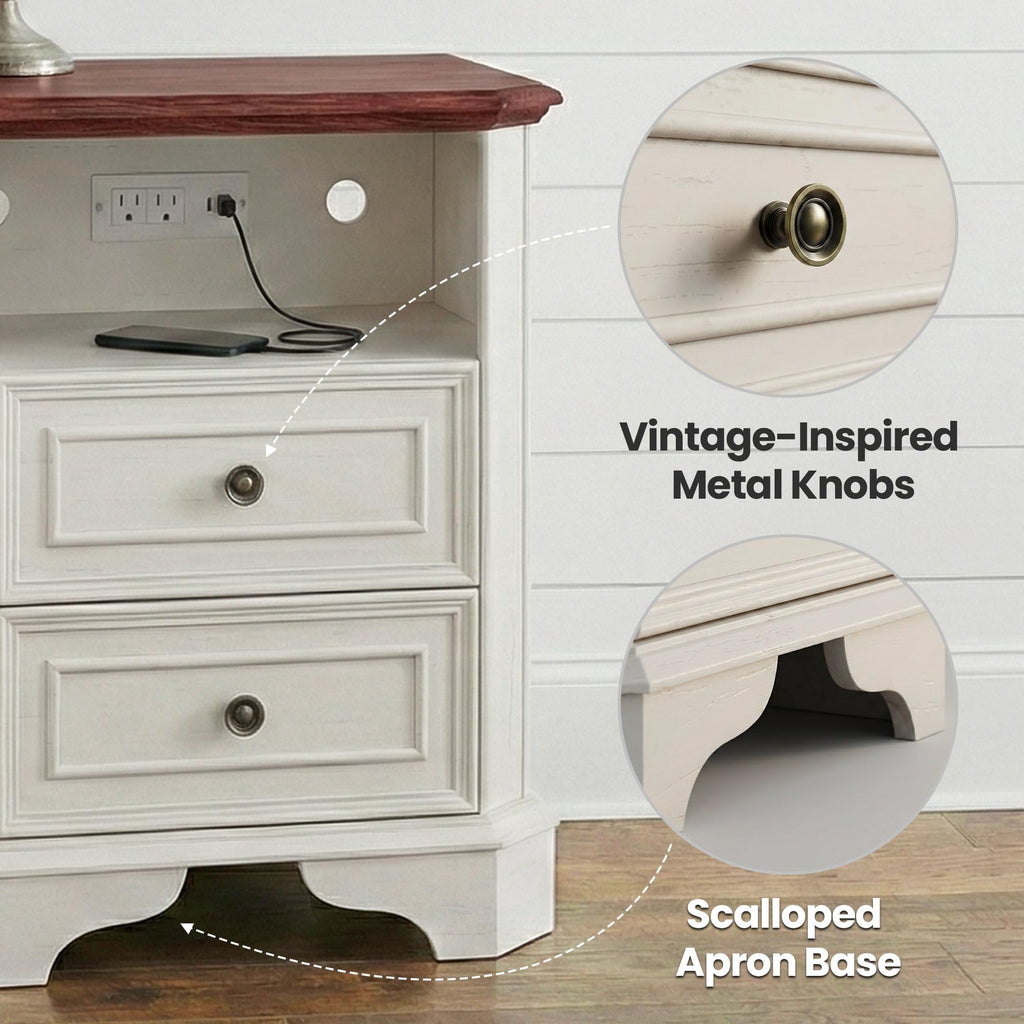 White Set of 2 Nightstand with Charging Station, 2 Drawers and Open Shelf F290