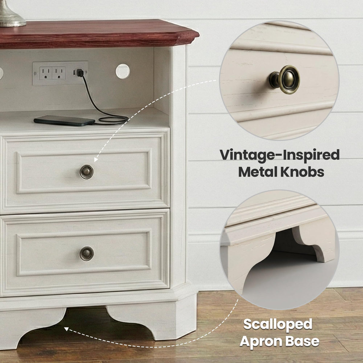 White Set of 2 Nightstand with Charging Station, 2 Drawers and Open Shelf F290