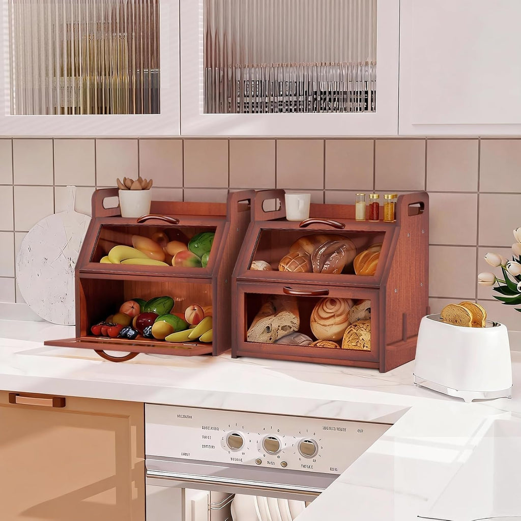 Large Double Layer Bamboo Bread Box with Clear Window G3101
