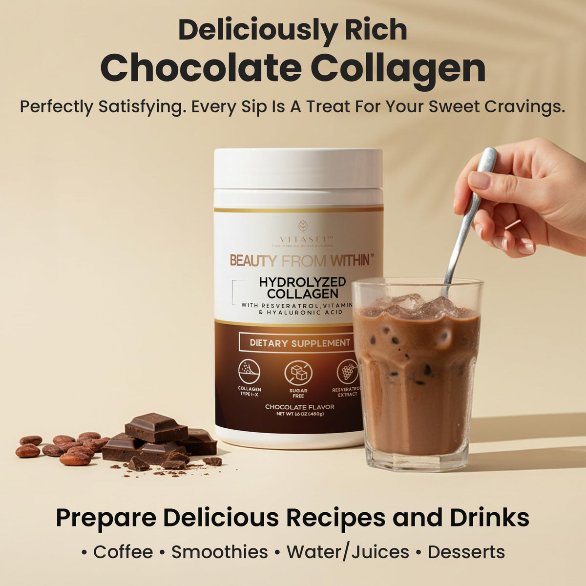 Hydrolyzed Collagen Peptide Powder Drink Chocolate Flavored 16oz L937807