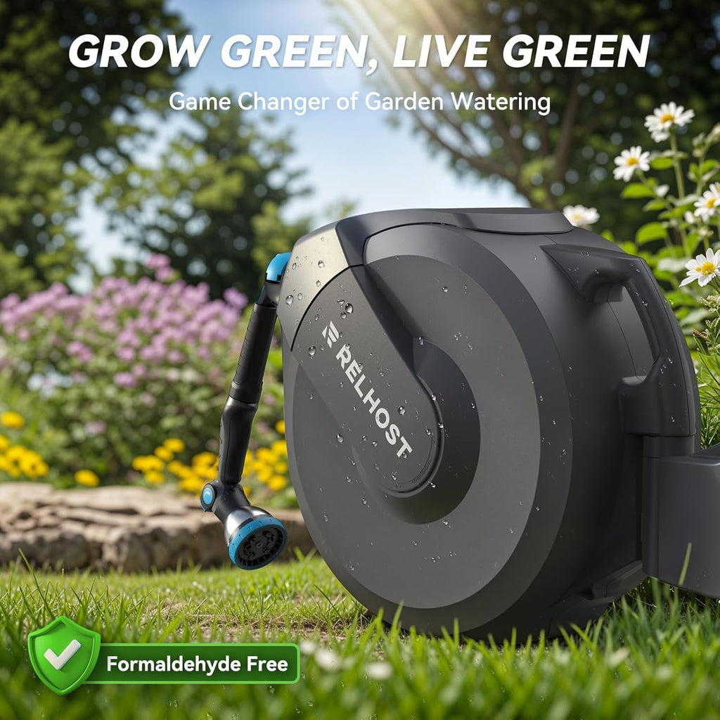Retractable Garden Hose Reel, 5/8 in x 100 ft Wall Mount Heavy Duty with 10-Pattern Nozzle, Dark Grey T247878