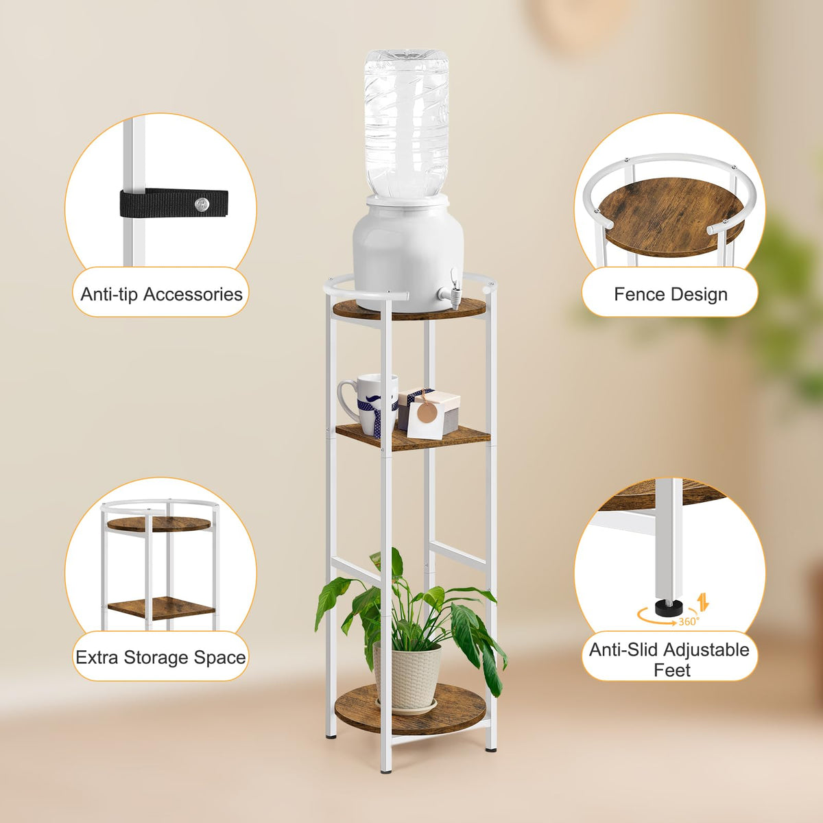 3 Tier Freestanding Water Dispenser Stand with Ceramic Crocks, White Z736