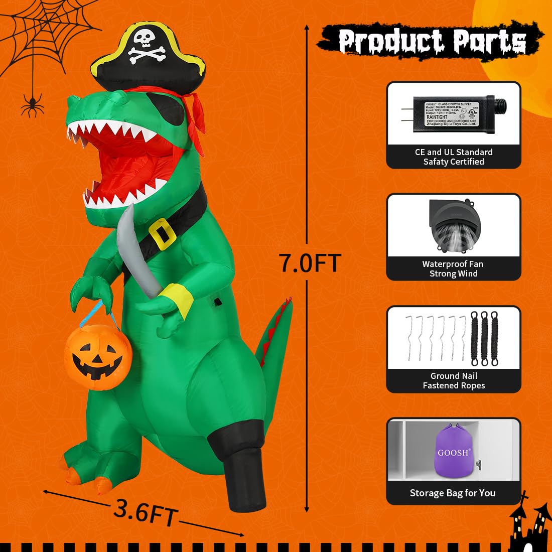 7 FT Halloween Inflatable Dinosaur with Built-in LEDs Y109