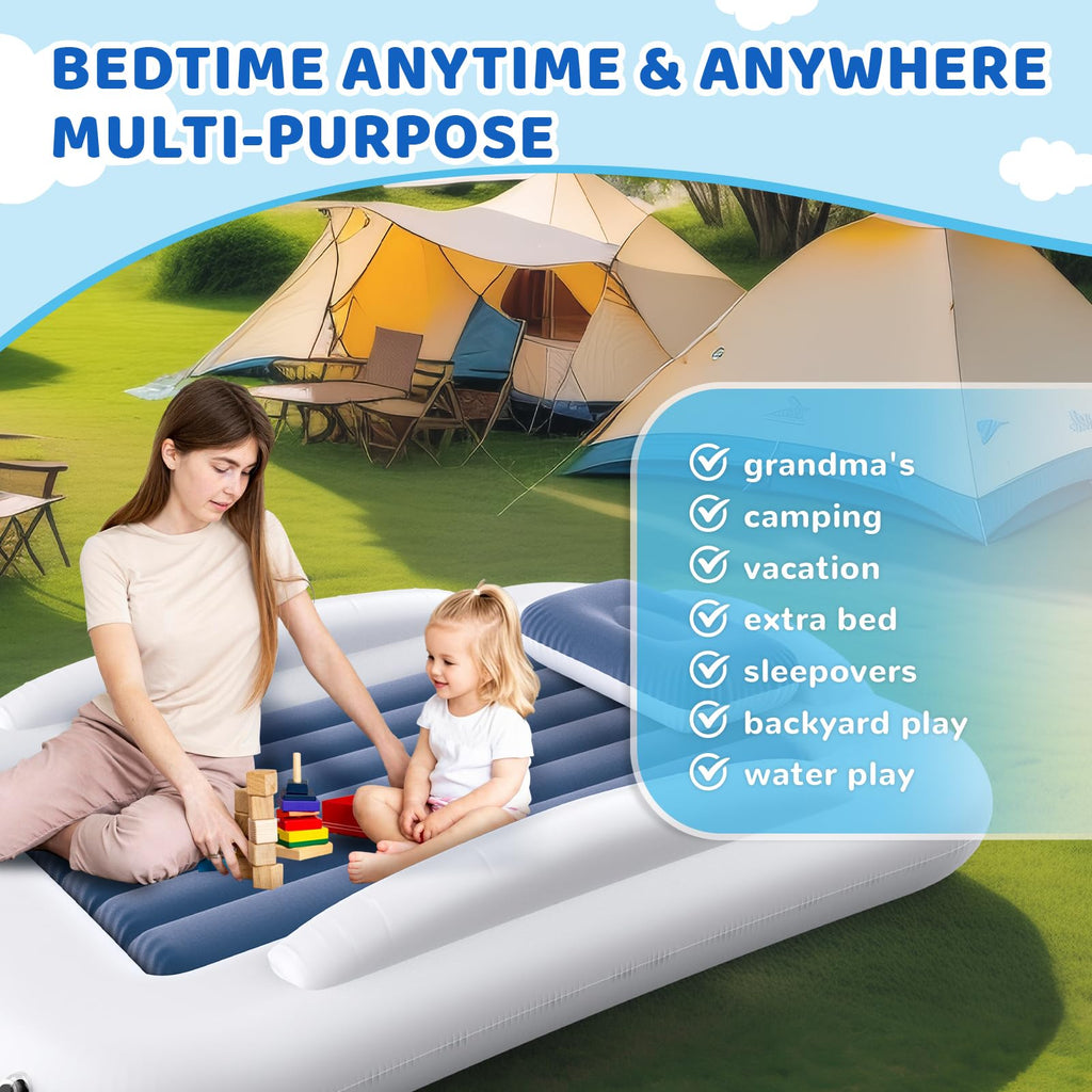 Inflatable Toddler Travel Bed 60 Inches Portable with Safety Sides Air Mattress Set Built-in Electric Pump Carry Case Sea Blue G37598