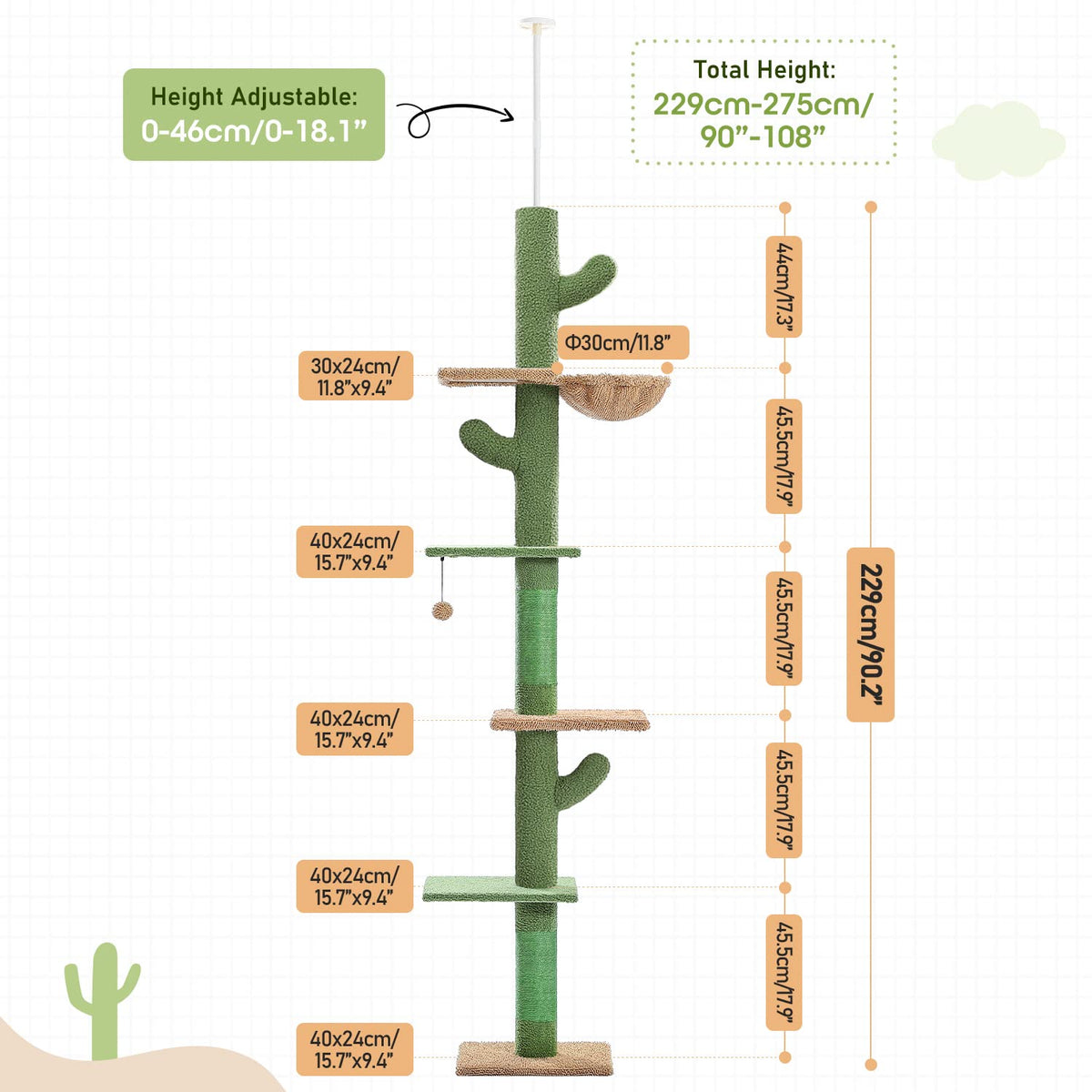 Cactus Floor-to-Ceiling 5-Tier Cat Tree with Hammock J206090