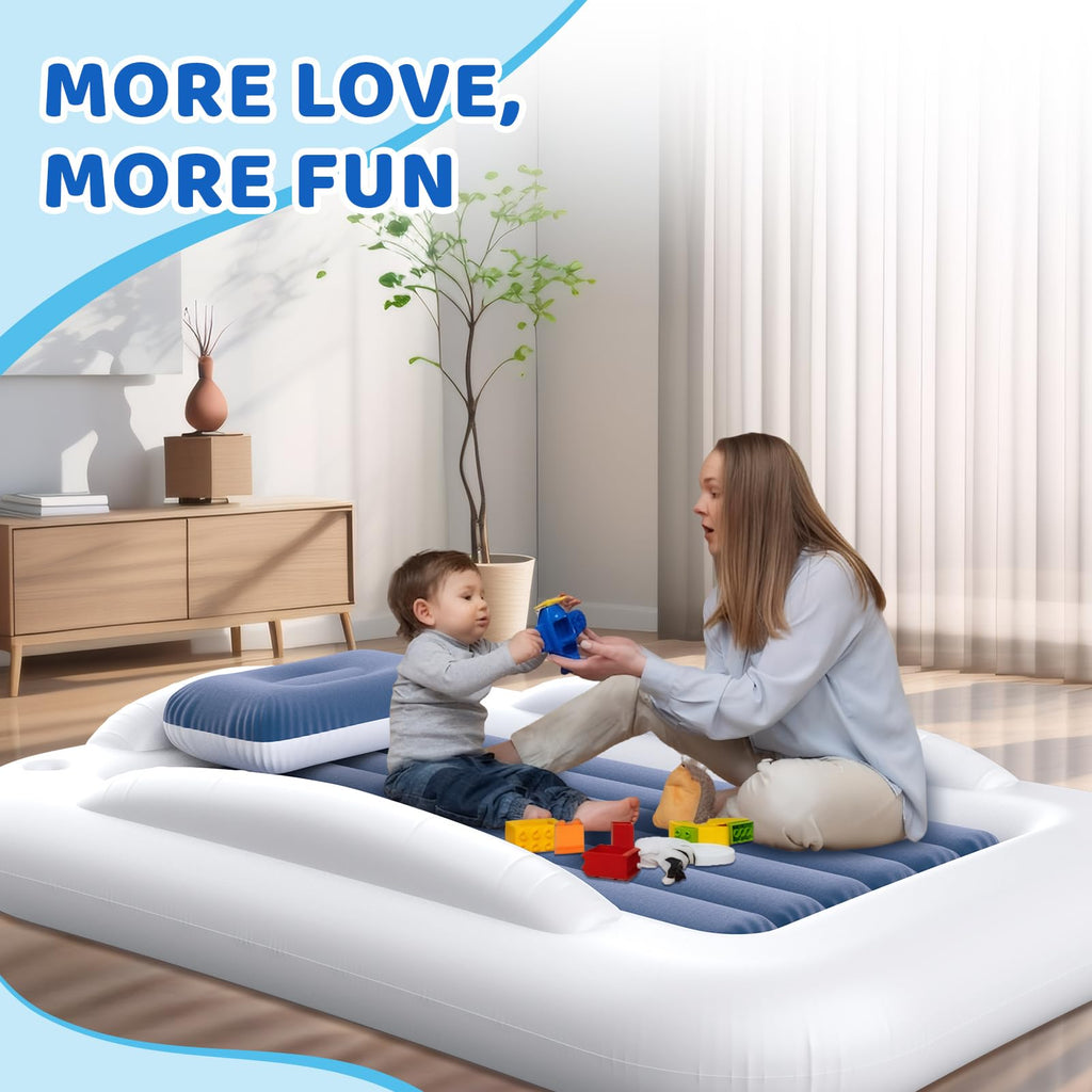 Inflatable Toddler Travel Bed 60 Inches Portable with Safety Sides Air Mattress Set Built-in Electric Pump Carry Case Sea Blue G37598