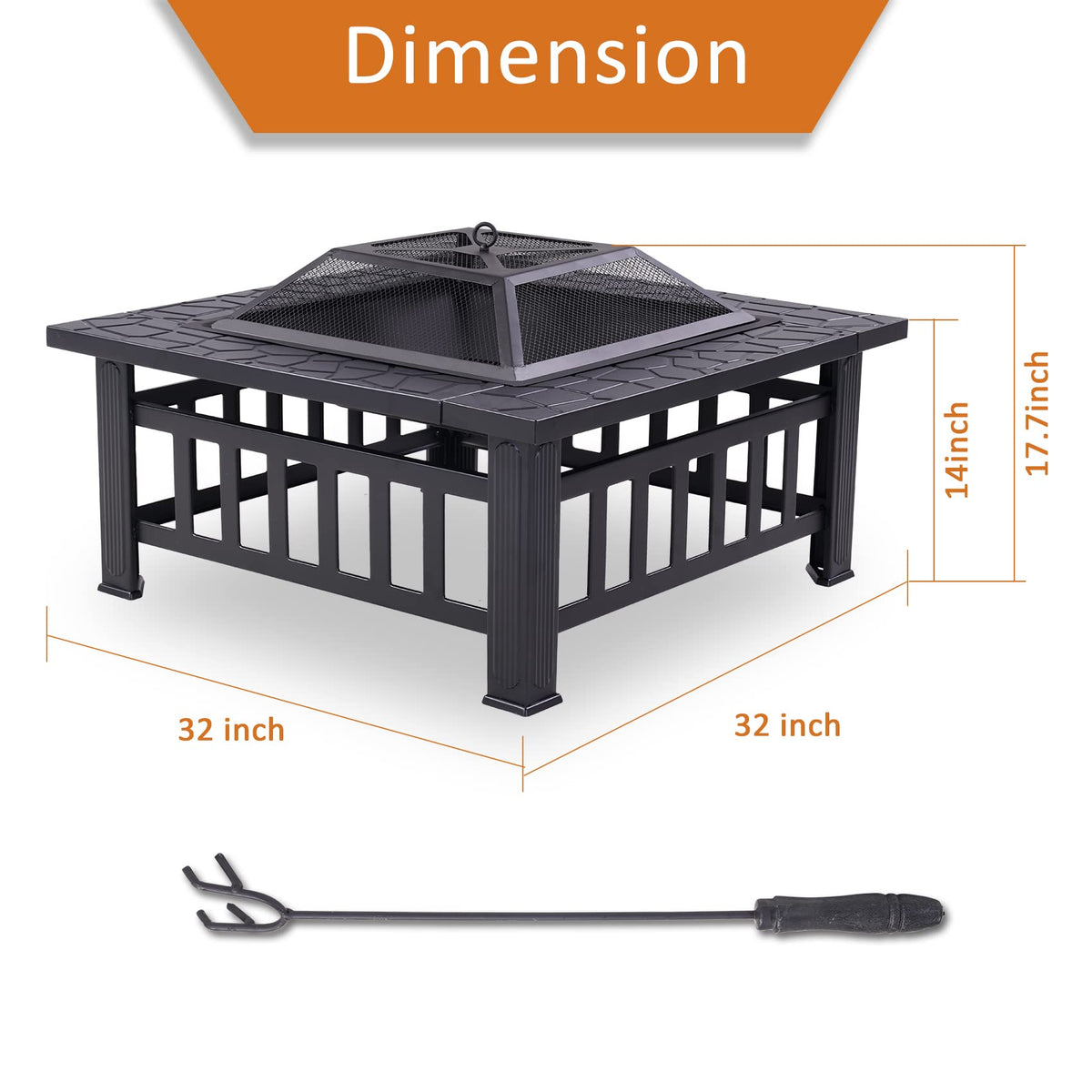 32 Inch Metal Square Outdoor Wood Burning Fire Pit Table S884422