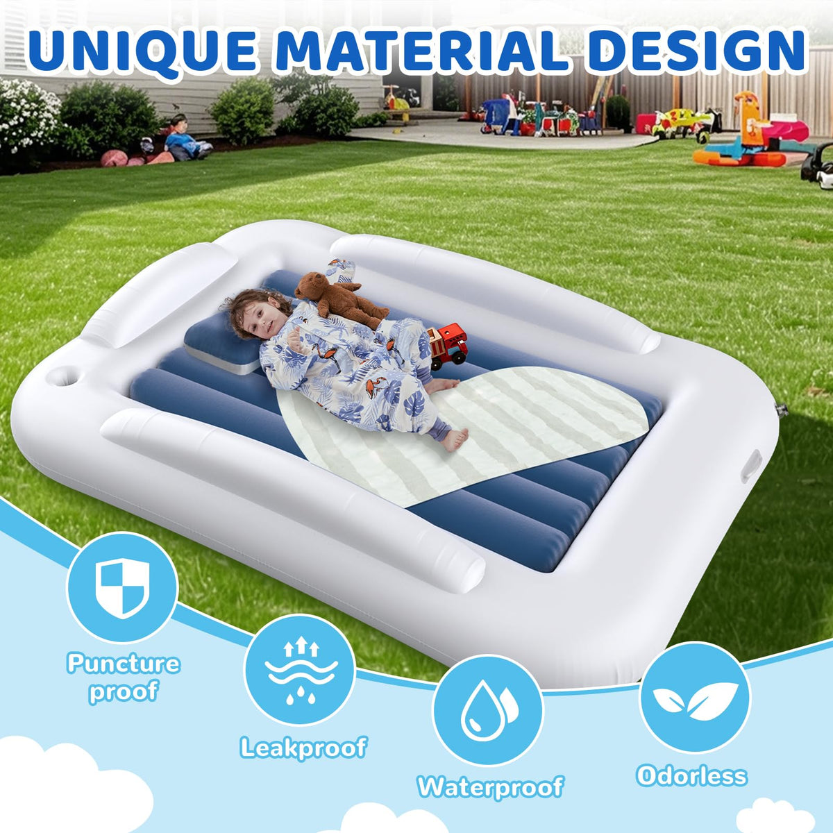 Inflatable Toddler Travel Bed 60 Inches Portable with Safety Sides Air Mattress Set Built-in Electric Pump Carry Case Sea Blue G37598