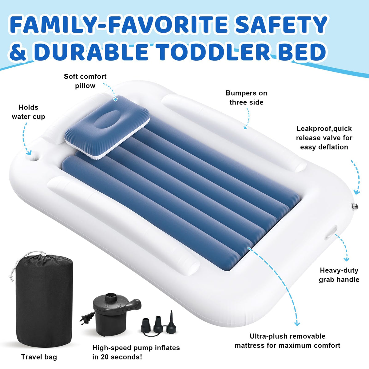 Inflatable Toddler Travel Bed 60 Inches Portable with Safety Sides Air Mattress Set Built-in Electric Pump Carry Case Sea Blue G37598