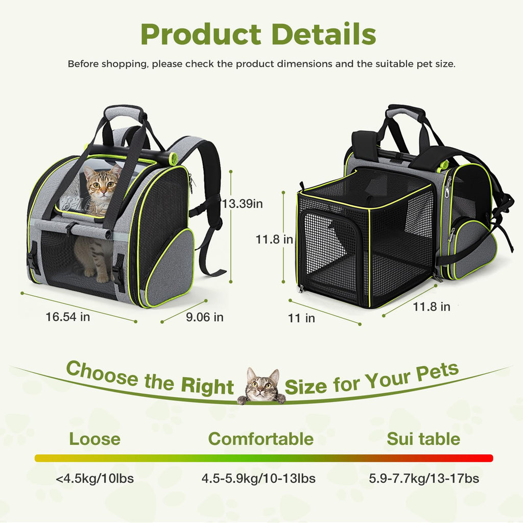 Expandable Cat Backpack Carrier for Cats and Small Dogs up to 18 lbs Grey O8031