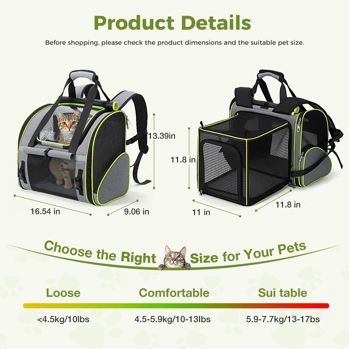 Expandable Cat Backpack Carrier for Cats and Small Dogs up to 18 lbs Grey O8031