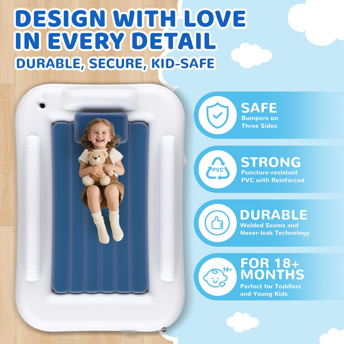 Inflatable Toddler Travel Bed 60 Inches Portable with Safety Sides Air Mattress Set Built-in Electric Pump Carry Case Sea Blue G37598