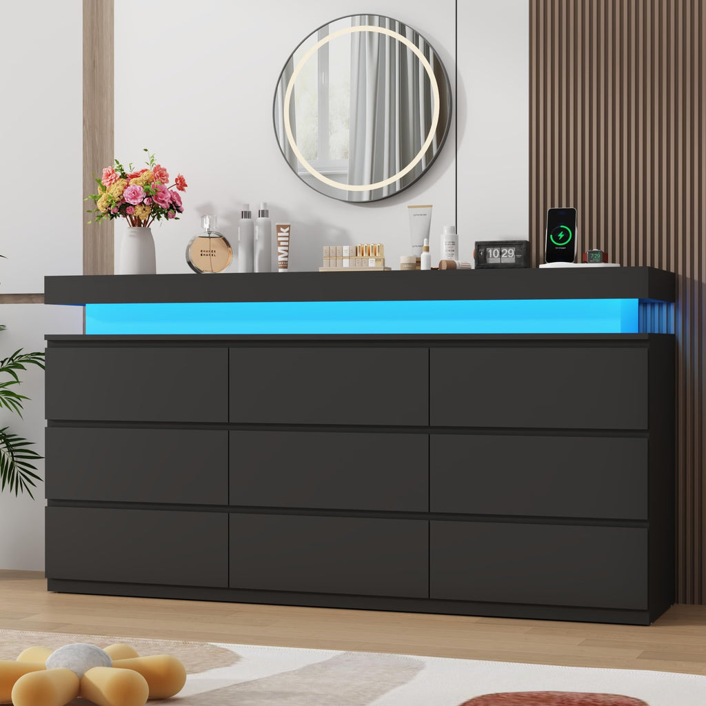 Black 9 Drawer Dresser with Power Outlet D8439