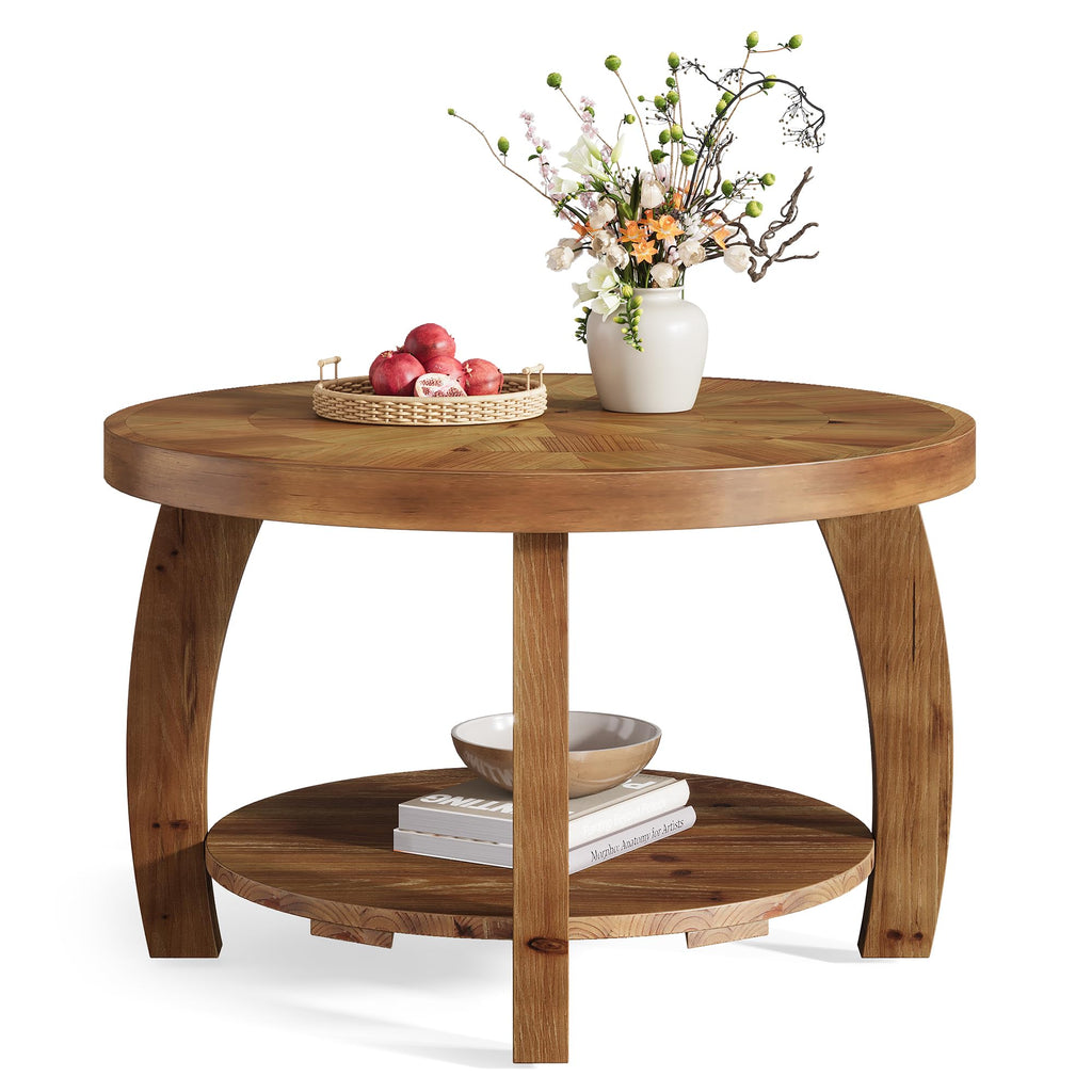 Solid Wood Round 2-Tier Coffee Table with Storage Q530