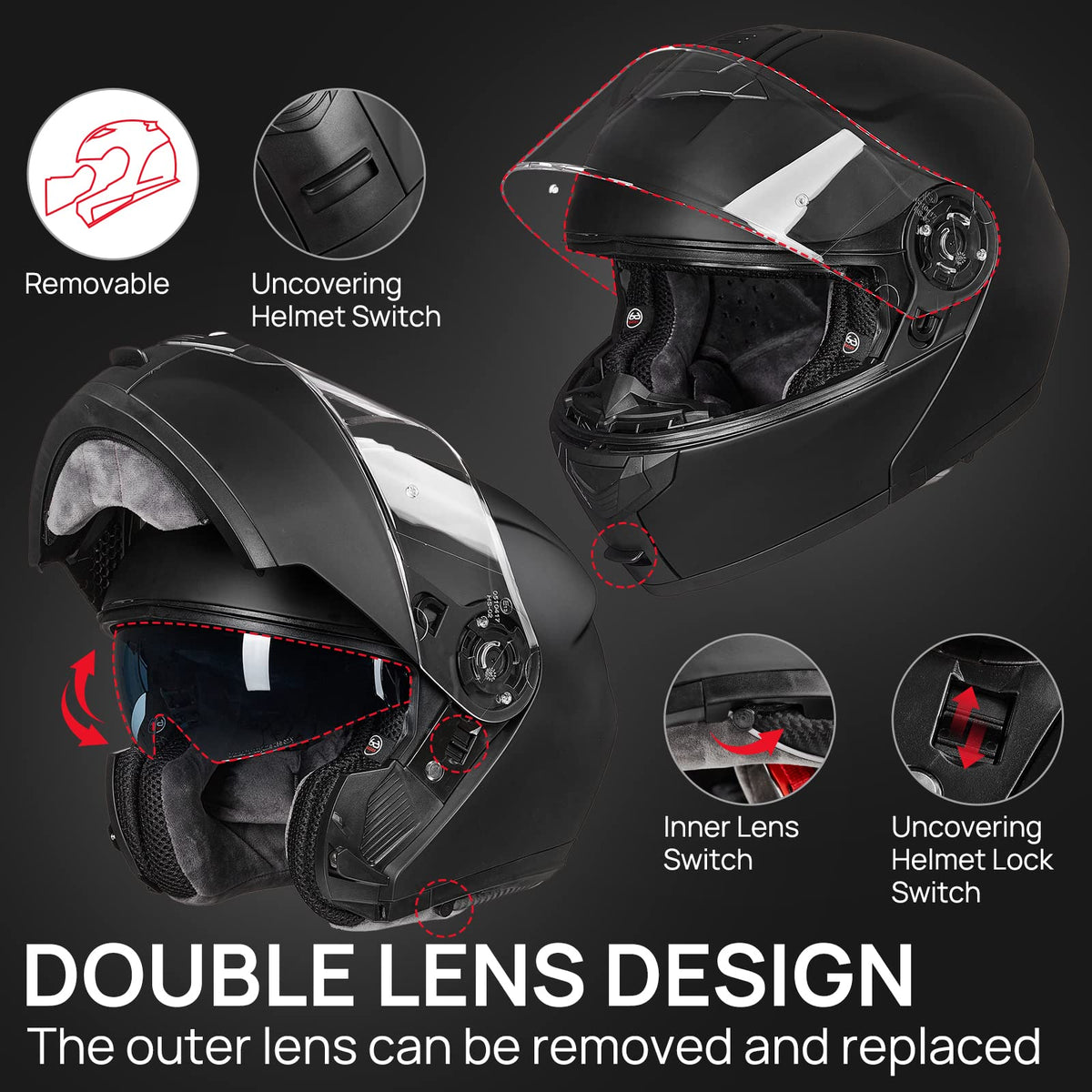 Matte Black Large Modular Full Face Motorcycle Helmet F15028