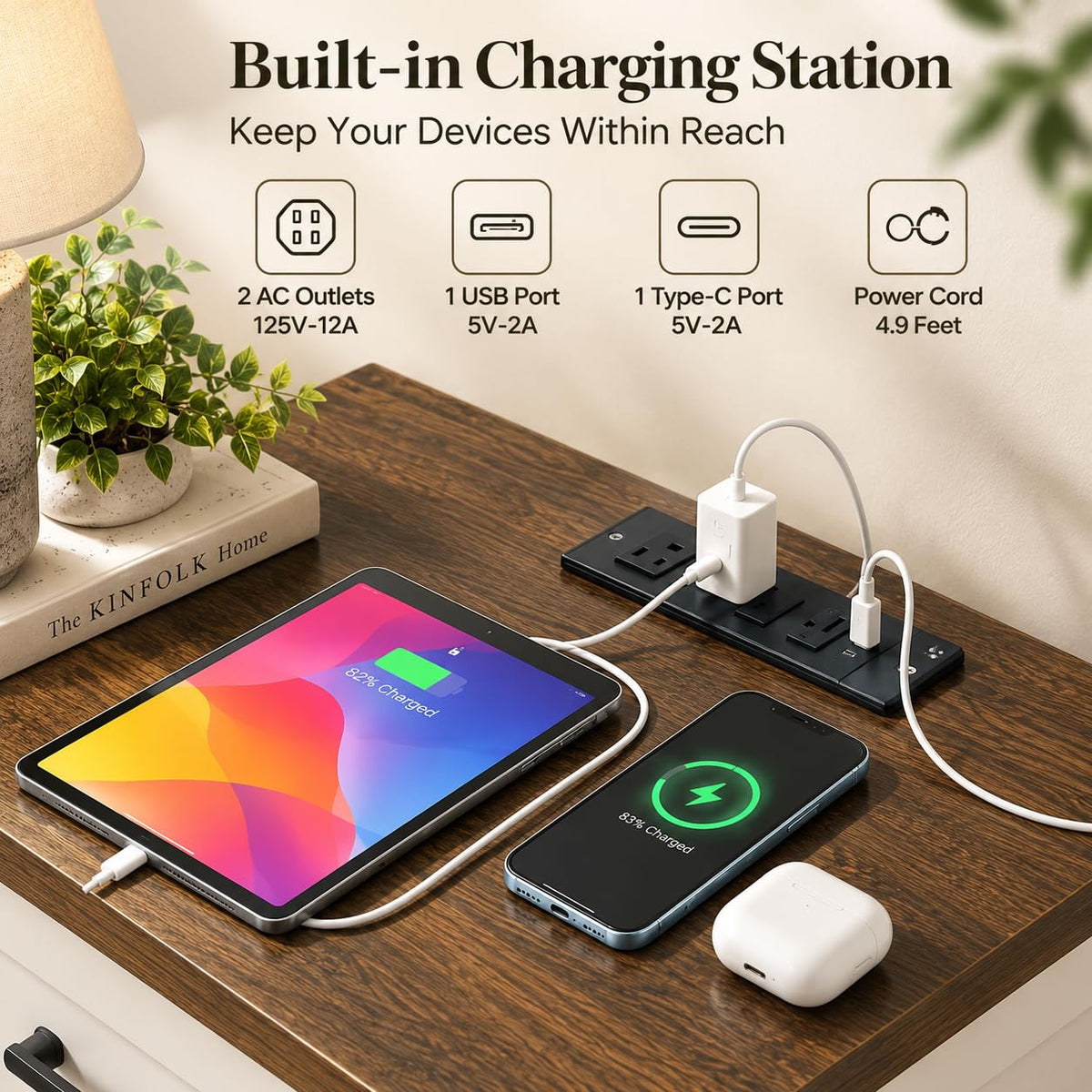 Set of 2 White Walnut Nightstand with Charging Station K226132