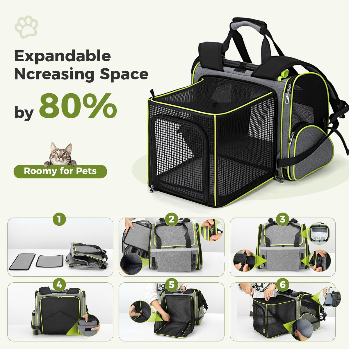 Expandable Cat Backpack Carrier for Cats and Small Dogs up to 18 lbs Grey O8031