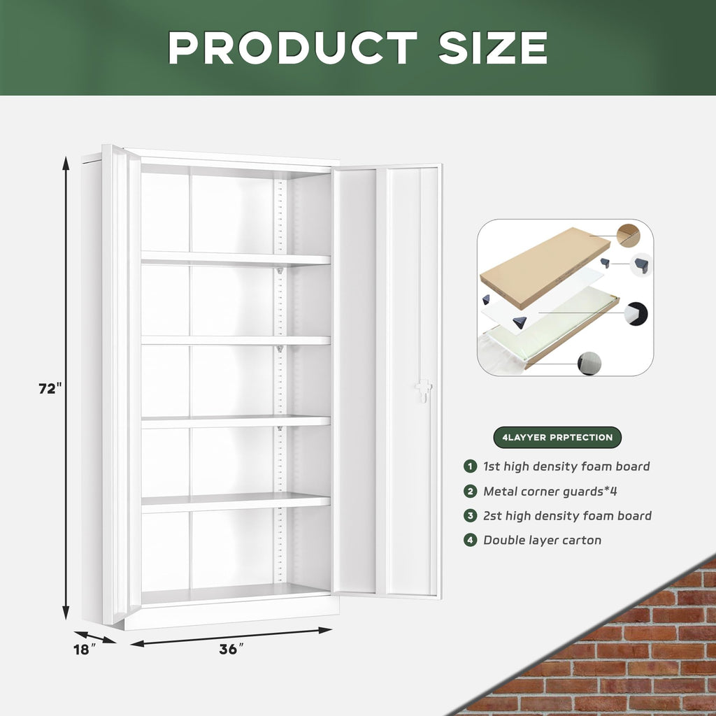 72" White Locking Metal Storage Cabinet with 4 Adjustable Shelves U8159
