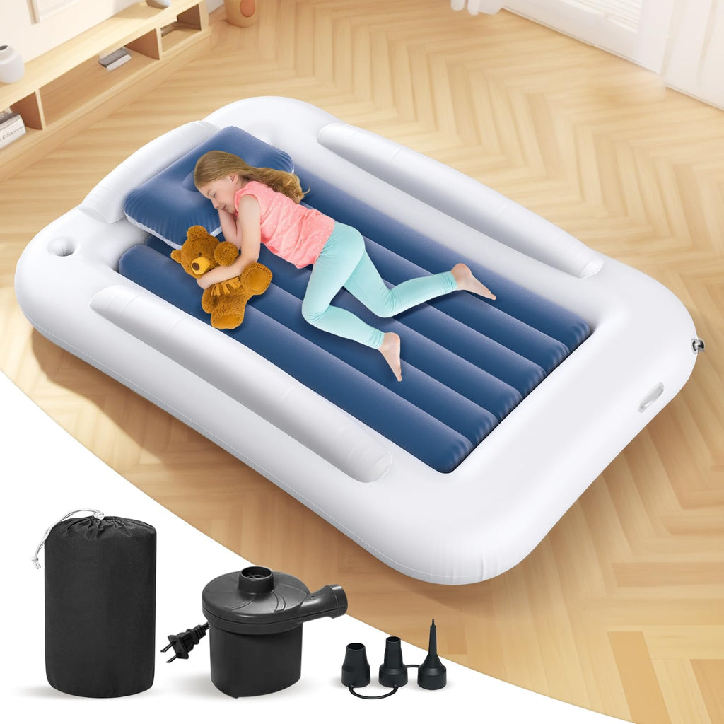 Inflatable Toddler Travel Bed 60 Inches Portable with Safety Sides Air Mattress Set Built-in Electric Pump Carry Case Sea Blue G37598