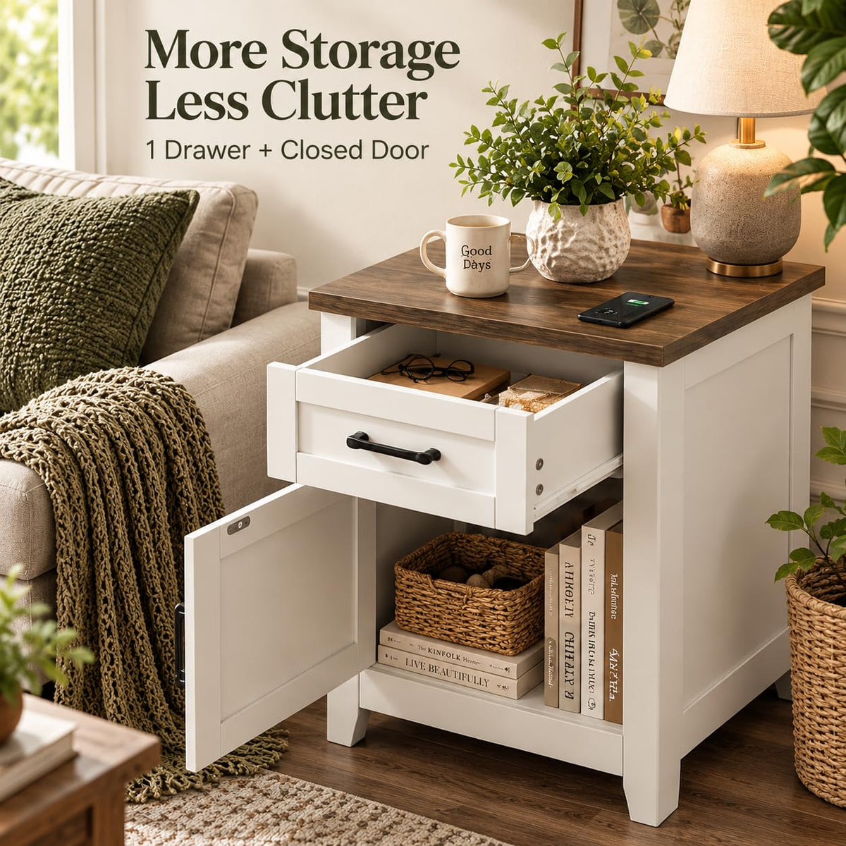 Set of 2 White Walnut Nightstand with Charging Station K226132