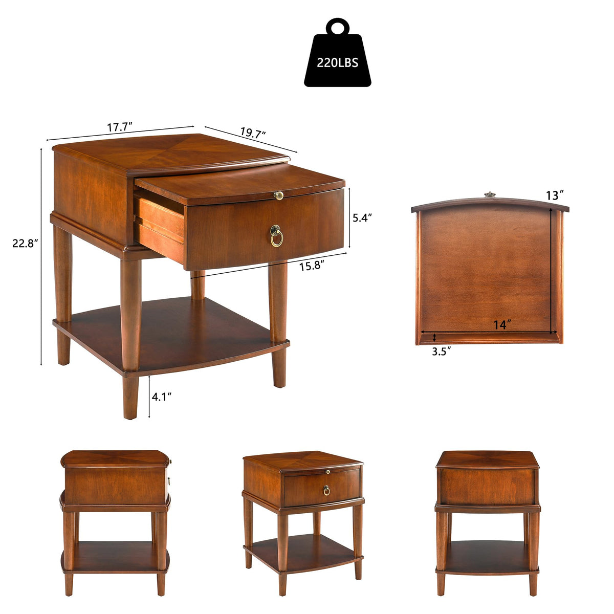 Large Cherry Wood 2-Tier Side Table with Drawer and Shelf N298020