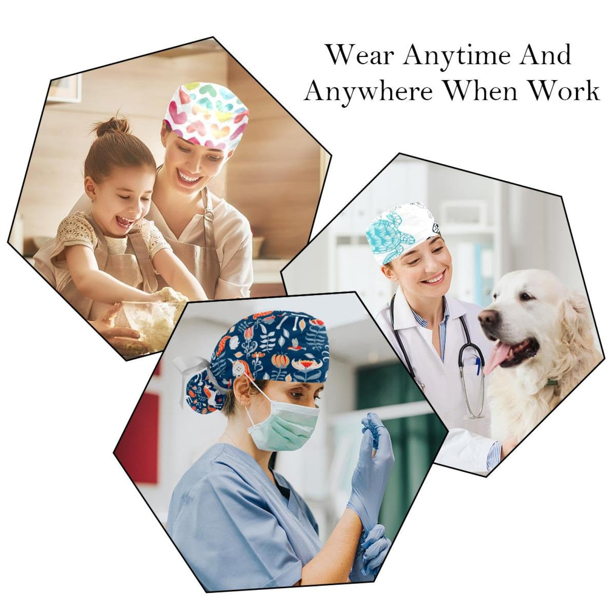Women's Working Caps Bouffant Surgical Cap with Bow Scrunchies Ponytail Holder Tie Back Scrub Hat G423