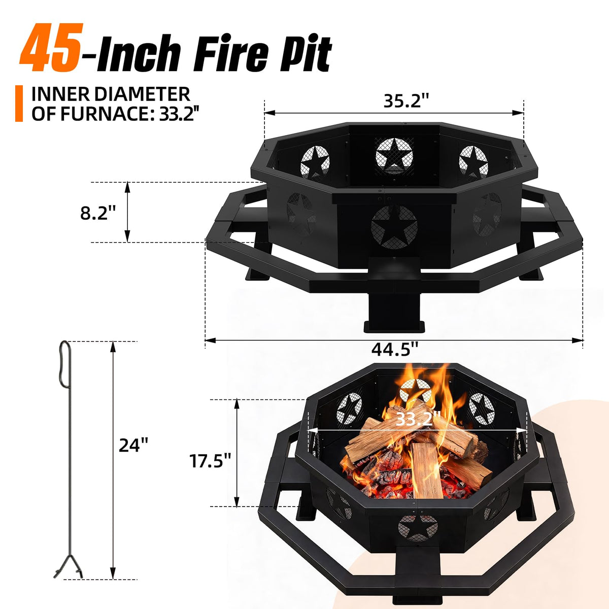 45 Inch Black Wood Burning Octagonal Fire Pit with Poker Q317