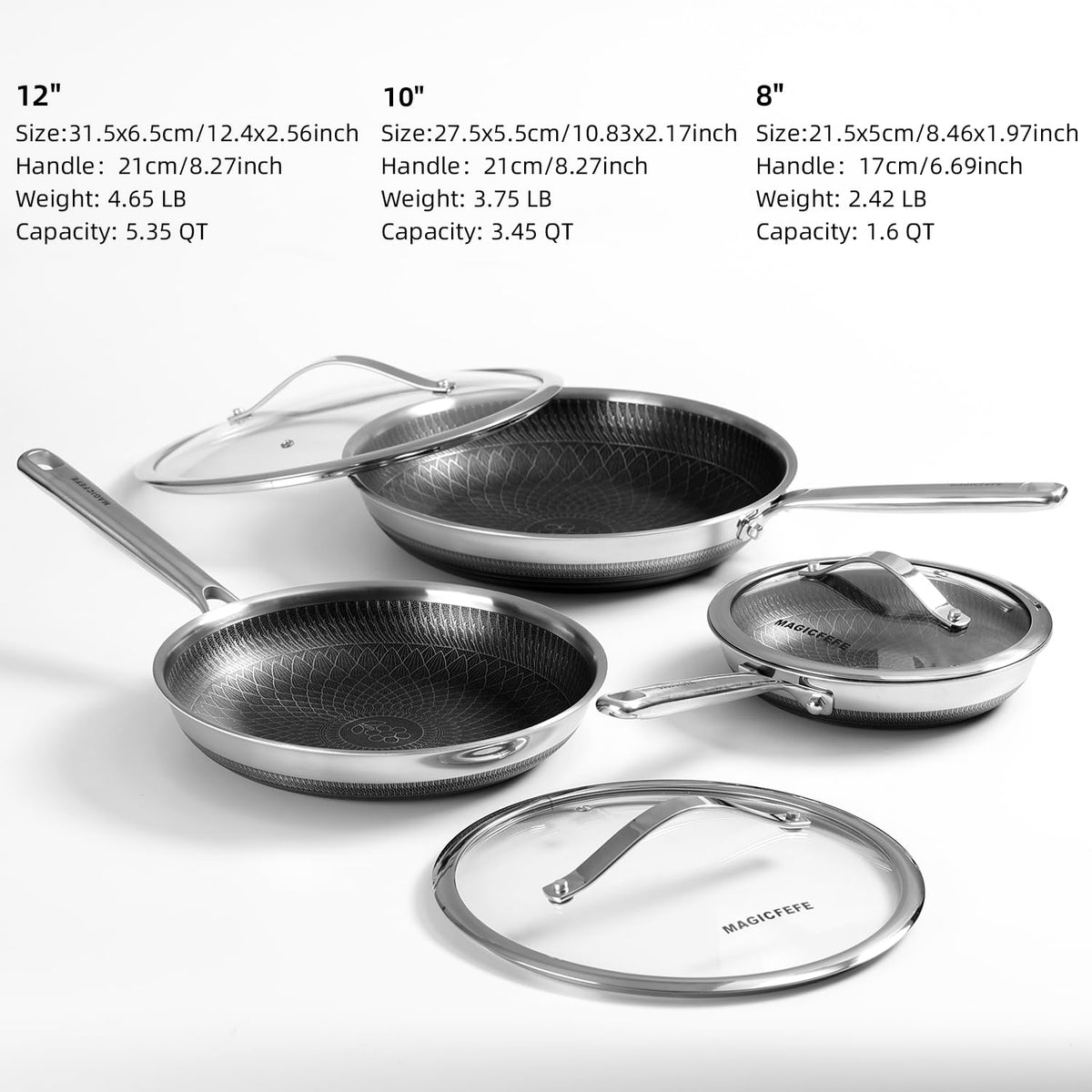 3-Piece Nonstick Stainless Steel Skillet Set with Glass Lids G600