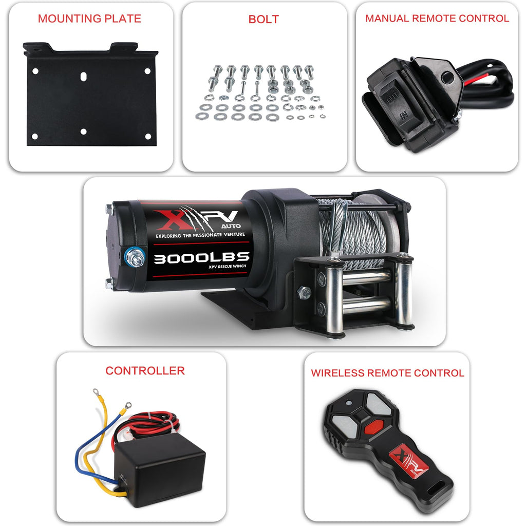 3000 lb 12V DC Electric Winch with Wireless Remote and Corded Control G31927