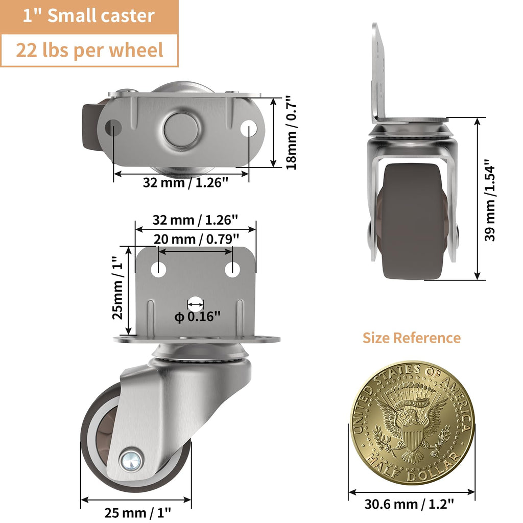 1" Swivel Plate Casters, 4 Pcs J16469