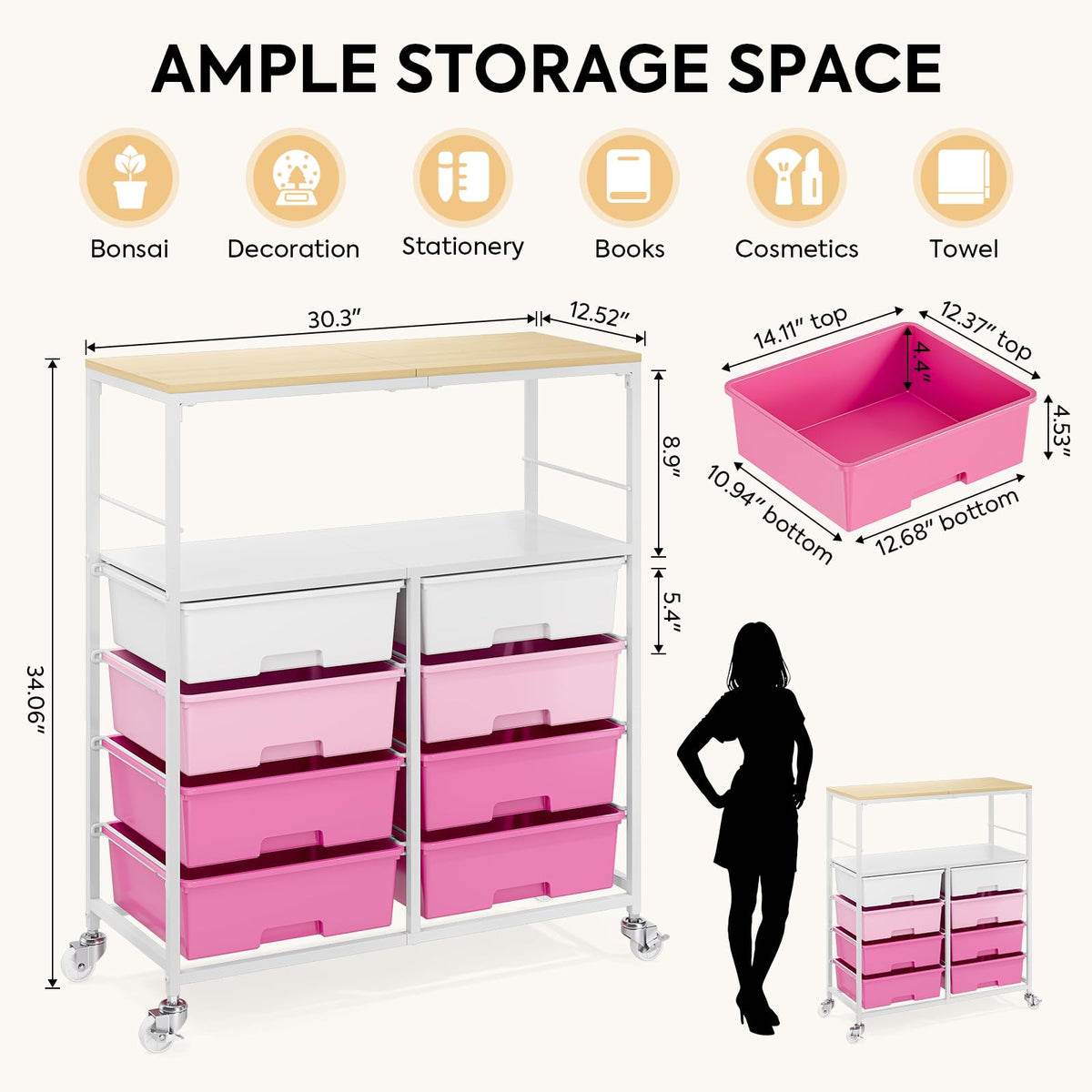 Rolling Storage Cart with 8 Drawers H4530