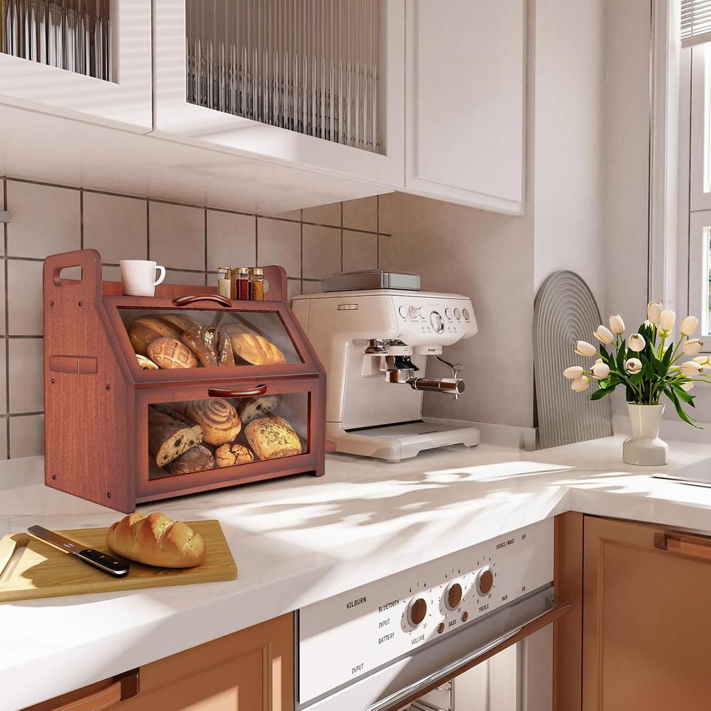Large Double Layer Bamboo Bread Box with Clear Window G3101