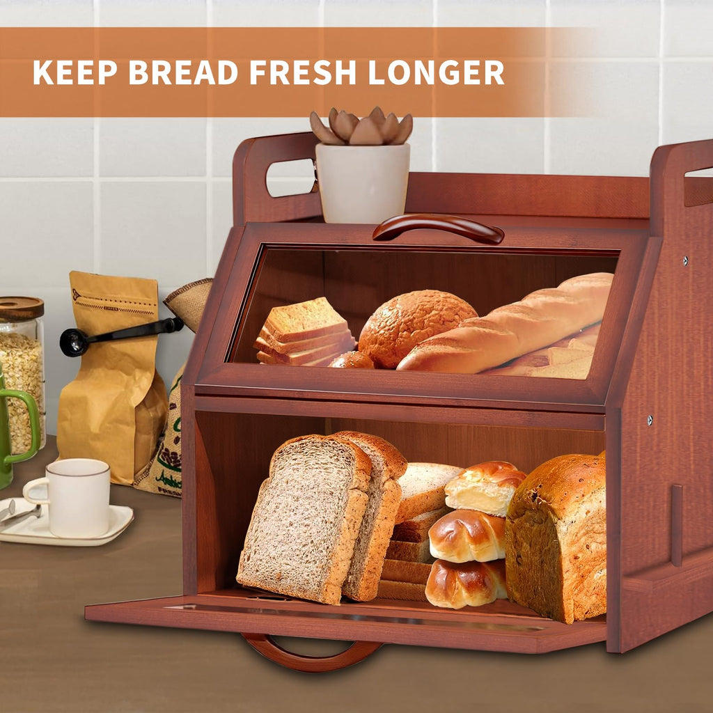 Large Double Layer Bamboo Bread Box with Clear Window G3101