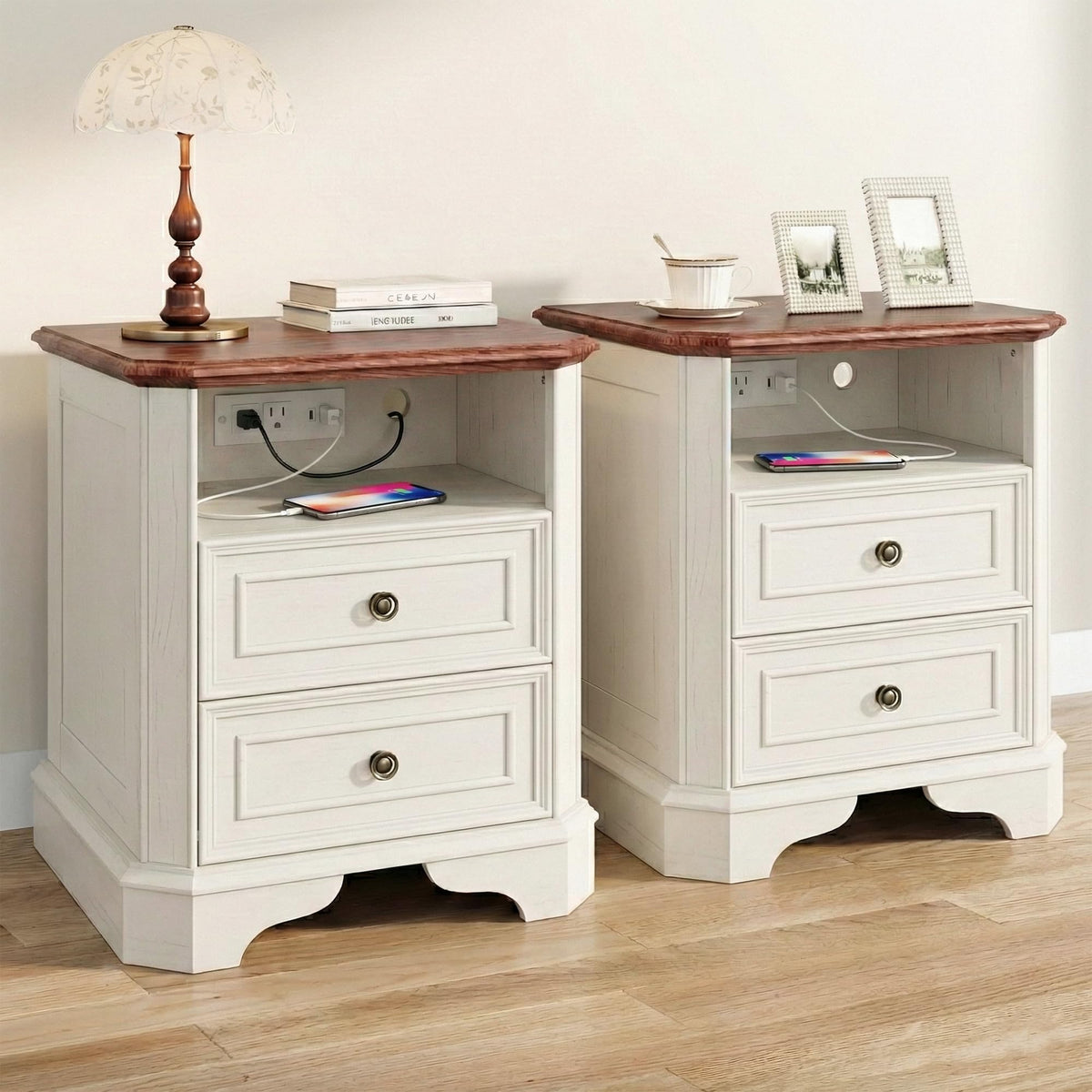 White Set of 2 Nightstand with Charging Station, 2 Drawers and Open Shelf F290
