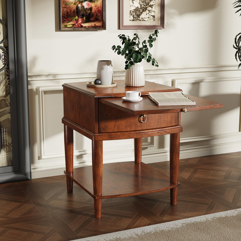 Large Cherry Wood 2-Tier Side Table with Drawer and Shelf N298020