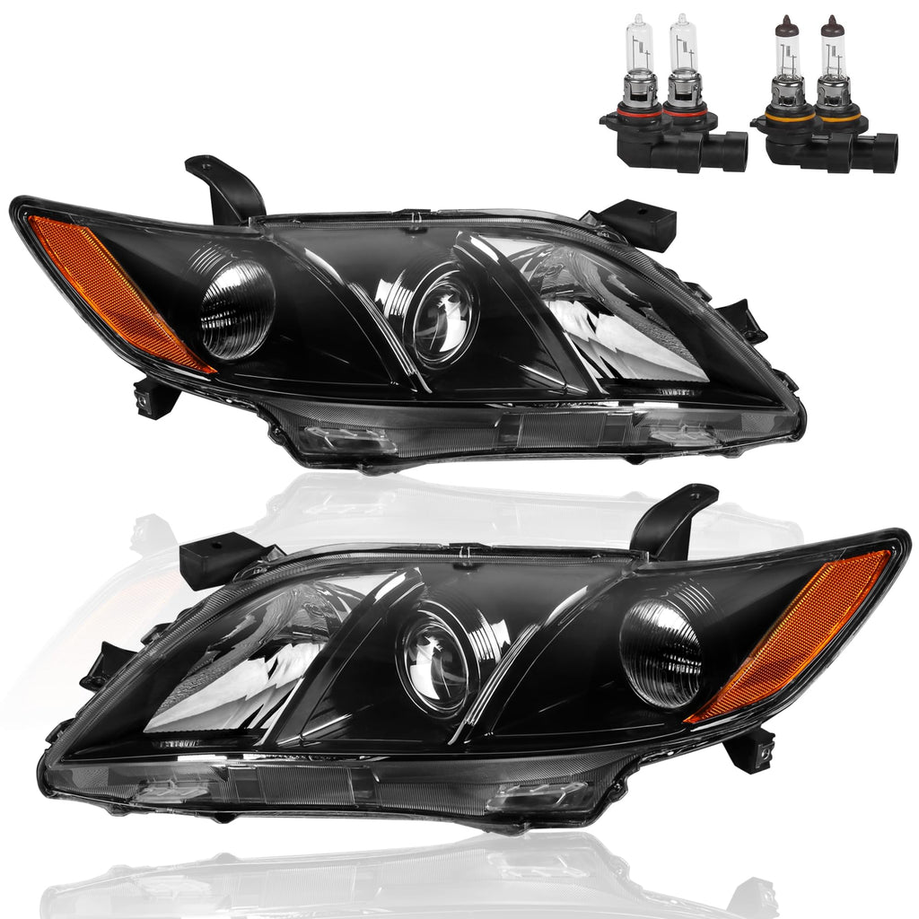 Headlights Assembly Replacement Compatible with Toyota Camry Halogen with Clear Lens Black Housing Amber Reflector Front Lamps Driver and Passenger Side Q411