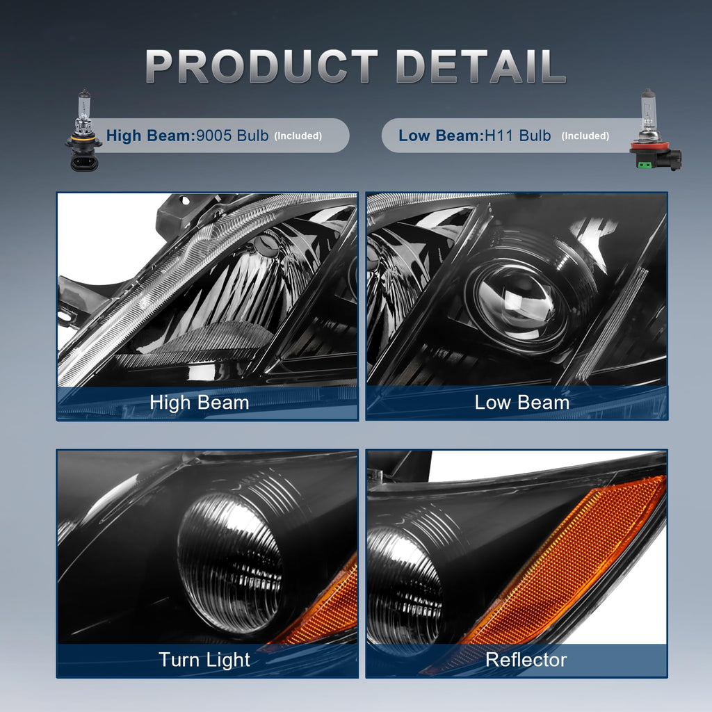 Headlights Assembly Replacement Compatible with Toyota Camry Halogen with Clear Lens Black Housing Amber Reflector Front Lamps Driver and Passenger Side Q411