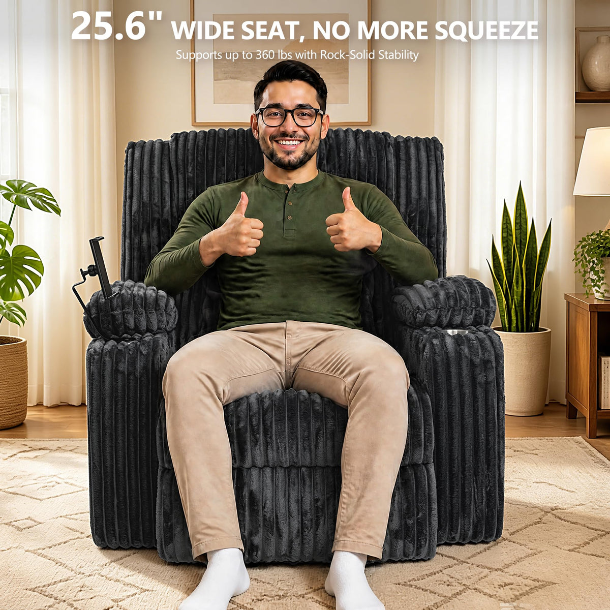 Oversized Power Swivel Rocker Recliner Chair with Vibration Massage & Heat, Dark Gray Corduroy P849523