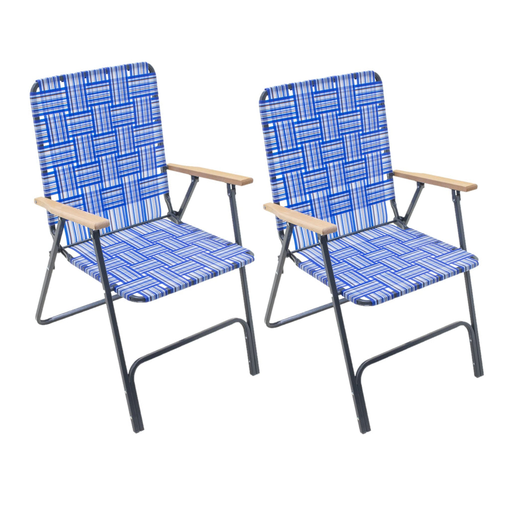 Folding Patio & Lawn Chairs Steel Frame Blue Woven Fabric Wooden Armrests Pack of 2 L8113