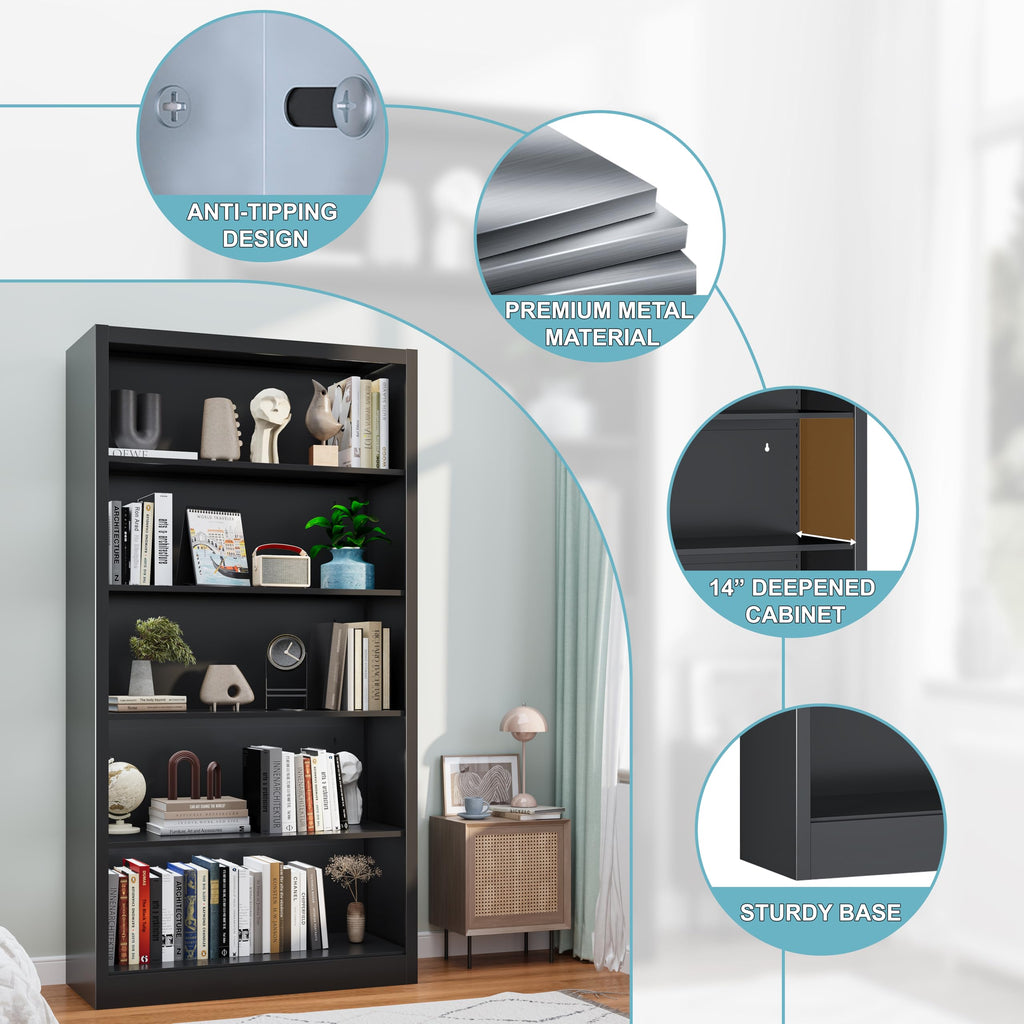 Black 5-Tier Adjustable Metal Bookshelf F635776